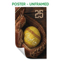 Unframed softball poster featuring a yellow softball and leather glove in a rustic sports design