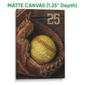 Matte canvas softball wall art featuring a yellow softball and glove with a textured gallery presentation