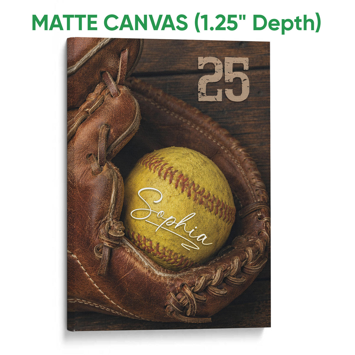 Matte canvas softball wall art featuring a yellow softball and glove with a textured gallery presentation