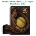 Framed matte canvas softball wall art shown with a black frame and close-up edge detail