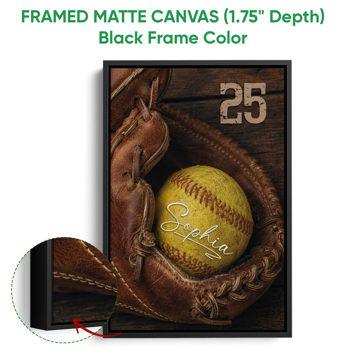 Framed matte canvas softball wall art shown with a black frame and close-up edge detail