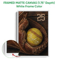 Framed matte canvas softball wall art shown with a white frame and close-up edge detail