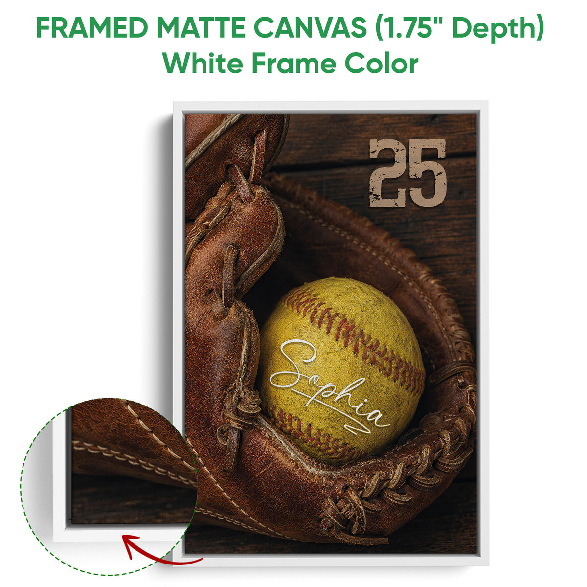 Framed matte canvas softball wall art shown with a white frame and close-up edge detail