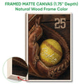 Framed matte canvas softball wall art shown with a natural wood frame and close-up edge detail