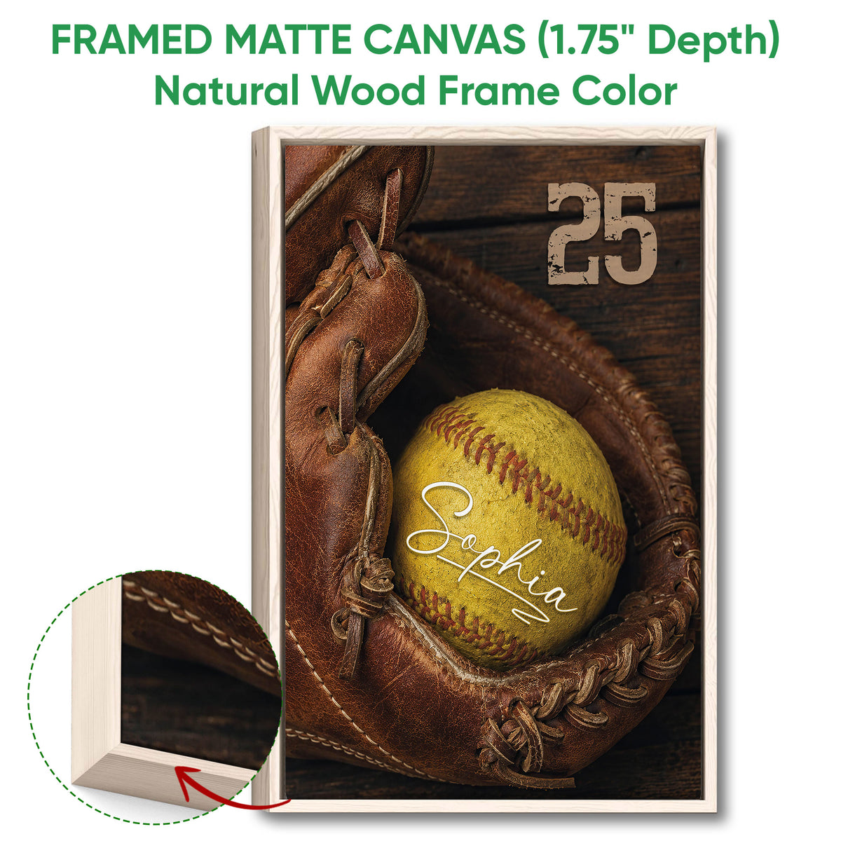 Framed matte canvas softball wall art shown with a natural wood frame and close-up edge detail