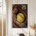 Softball wall art displayed in a bright rustic room with white wood paneling and natural decor