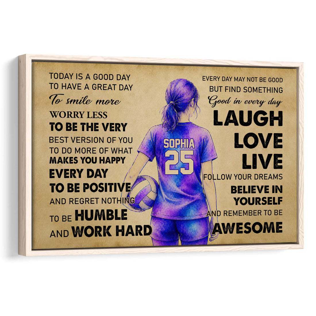 Framed volleyball wall art featuring a female player, purple uniform, volleyball, and motivational typography
