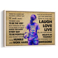 Framed volleyball wall art featuring a female player, purple uniform, volleyball, and motivational typography