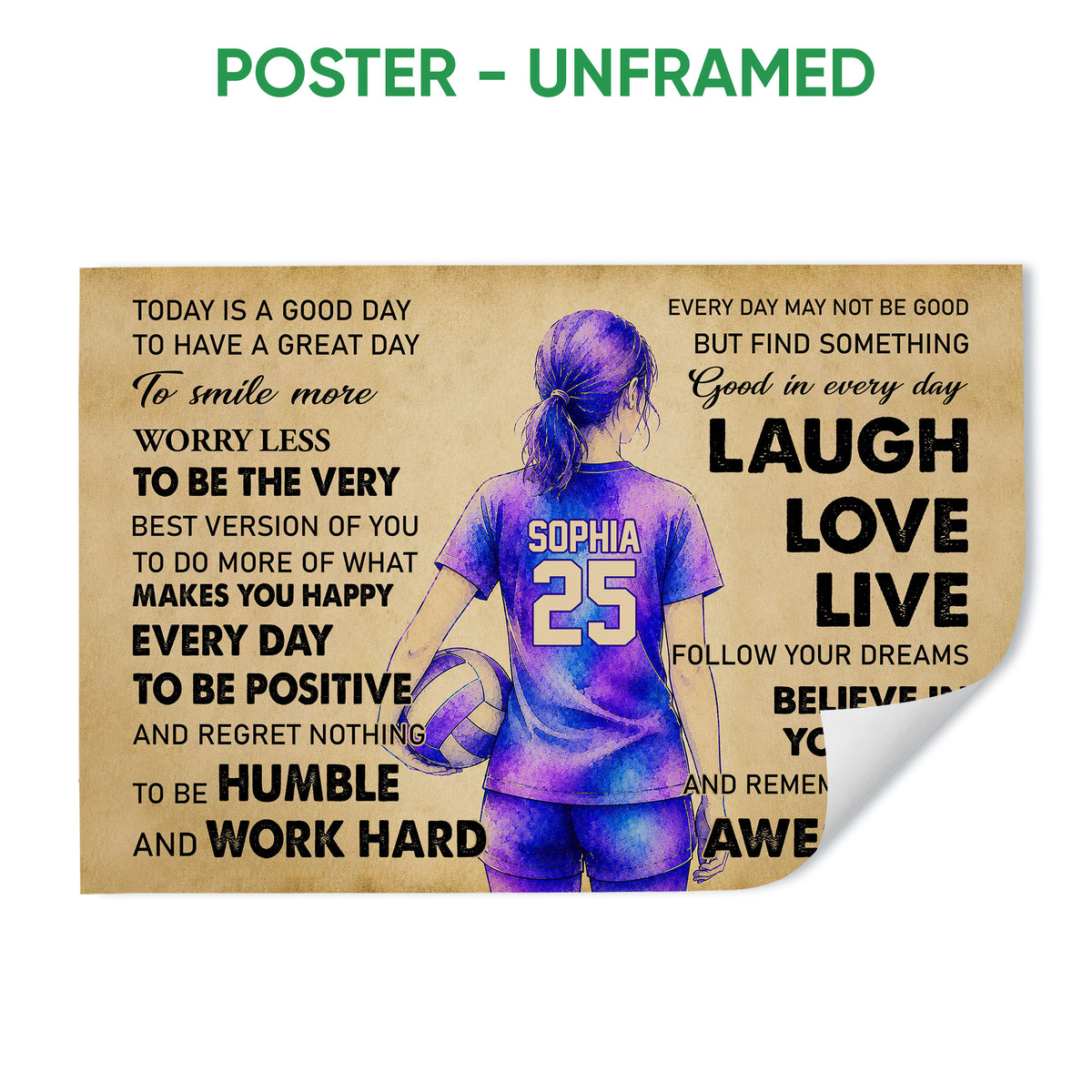 Unframed volleyball poster featuring a purple-uniformed player, volleyball, and uplifting motivational typography