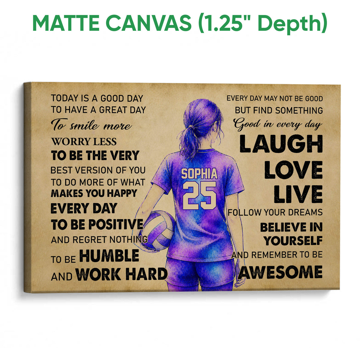 Matte canvas volleyball wall art with a purple player, volleyball, bold typography, and wrapped canvas edges