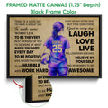Black framed volleyball canvas wall art with motivational typography and a close-up of the frame edge