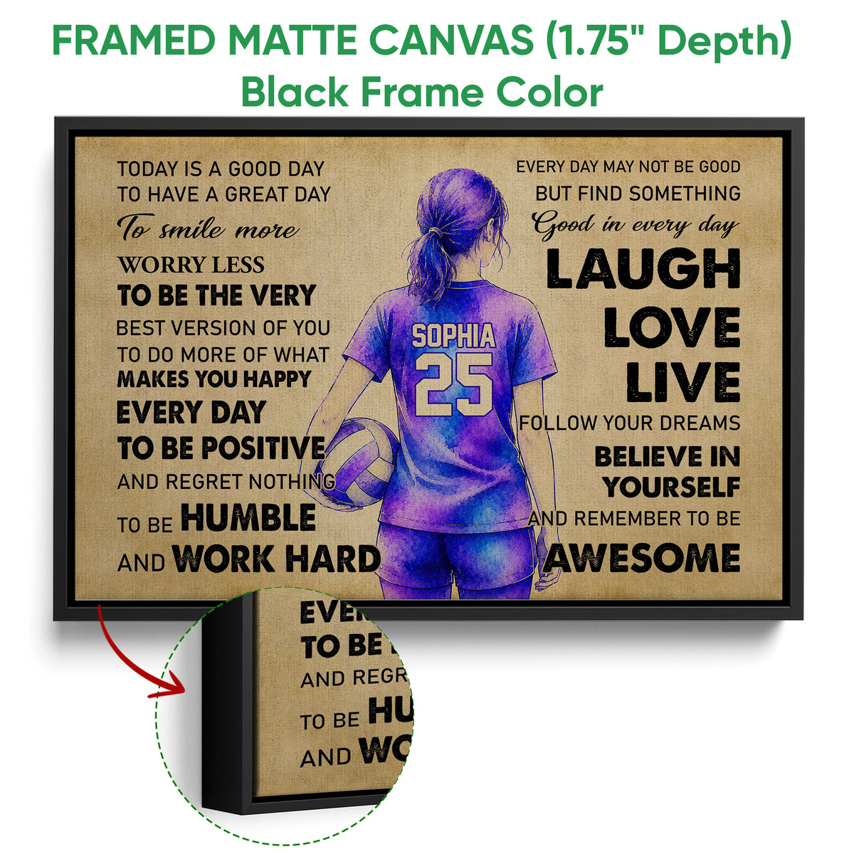 Black framed volleyball canvas wall art with motivational typography and a close-up of the frame edge