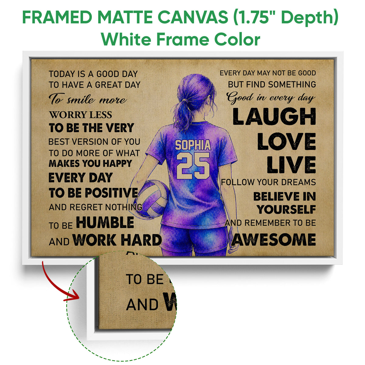 White framed volleyball canvas wall art with a purple player, volleyball, and close-up frame detail