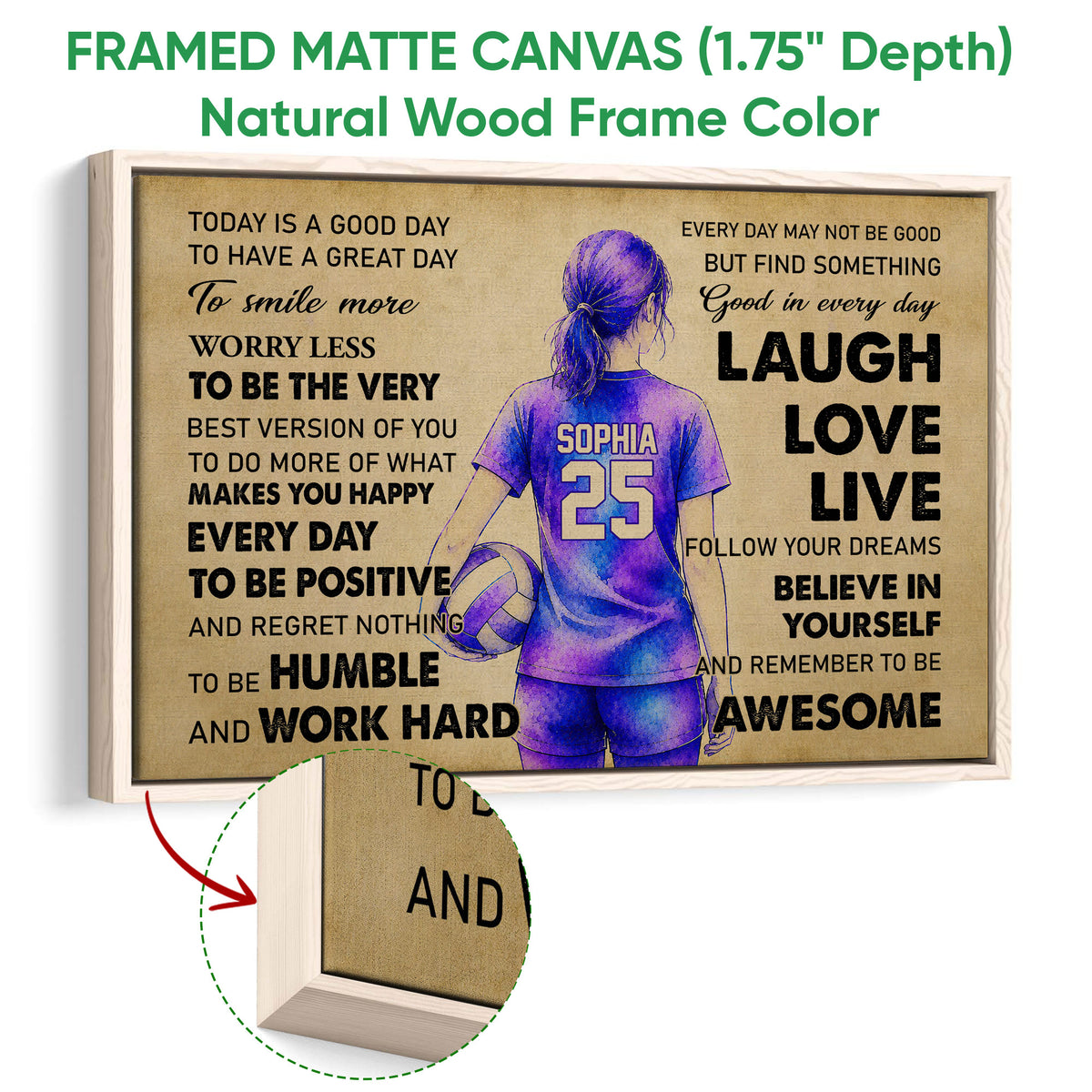 Natural wood framed volleyball canvas wall art displayed with a close-up of the wooden frame and canvas edge