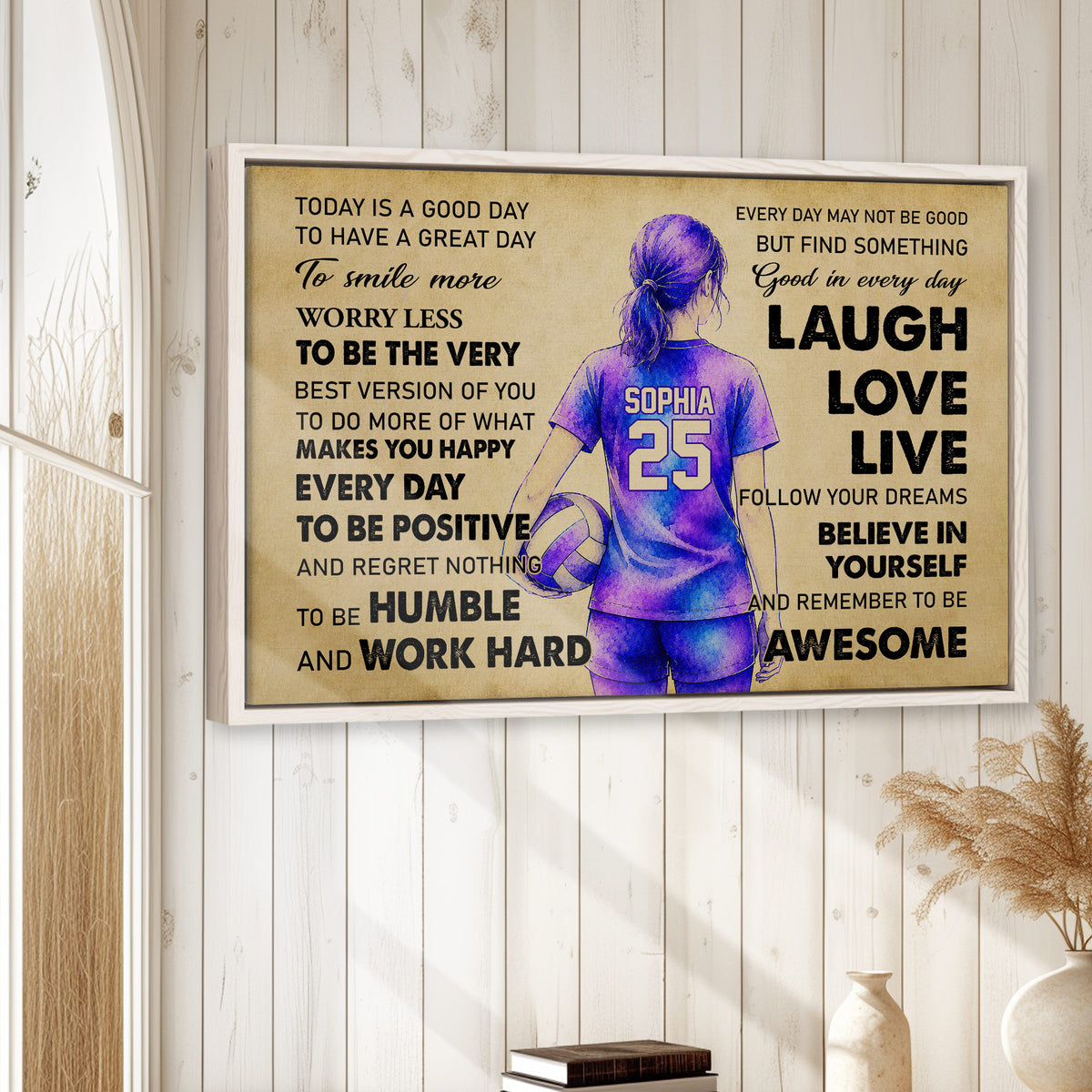 Volleyball motivational wall art displayed in a bright room with white wood walls and natural decor
