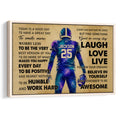 Framed football wall art with a colorful player illustration and motivational typography