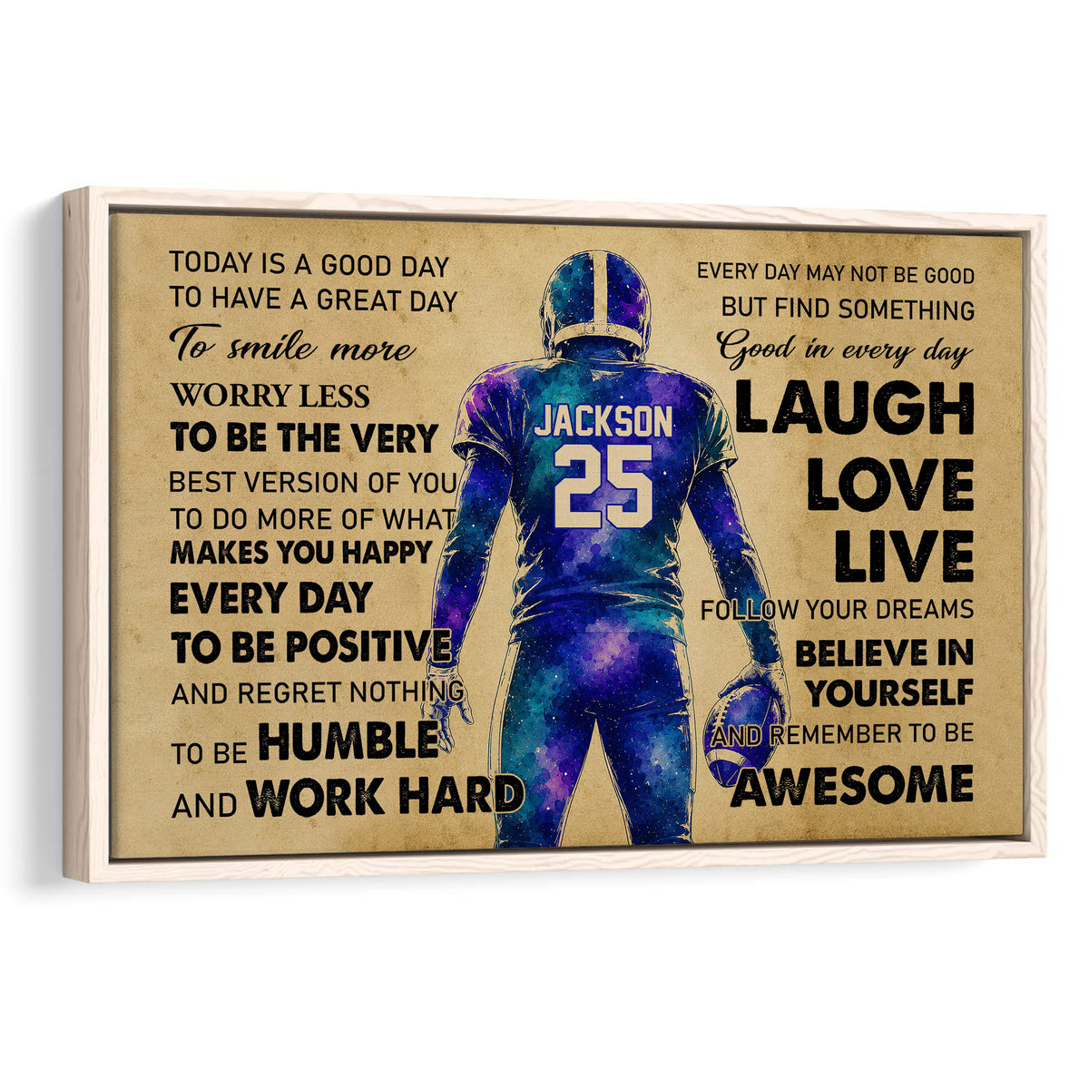 Framed football wall art with a colorful player illustration and motivational typography