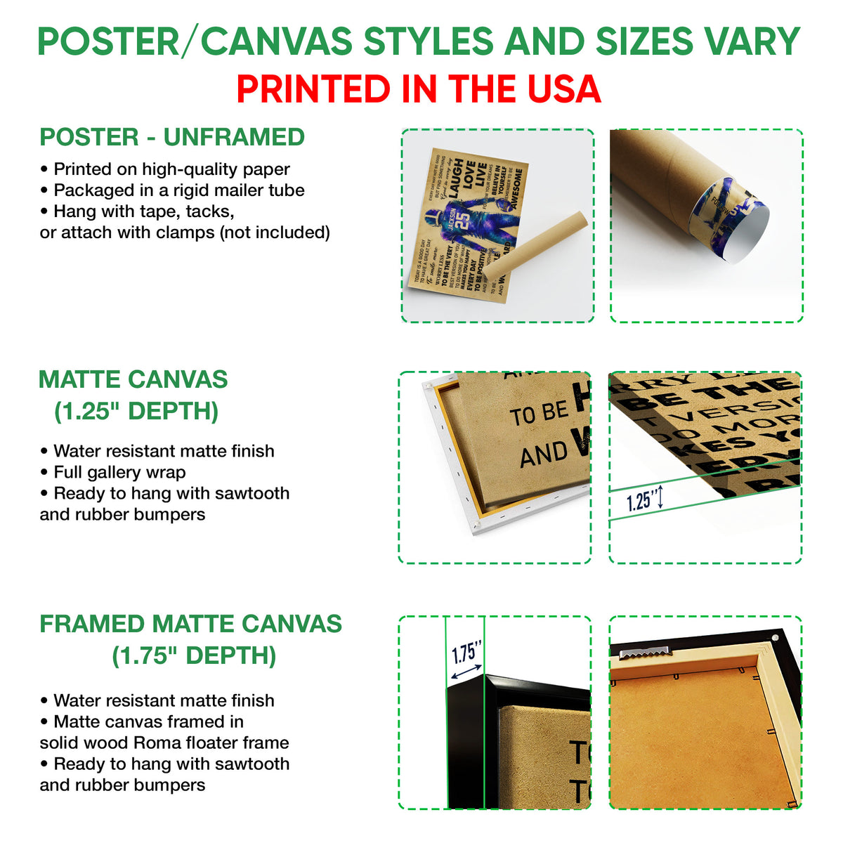 Football wall art format guide showing unframed poster, canvas and framed canvas options