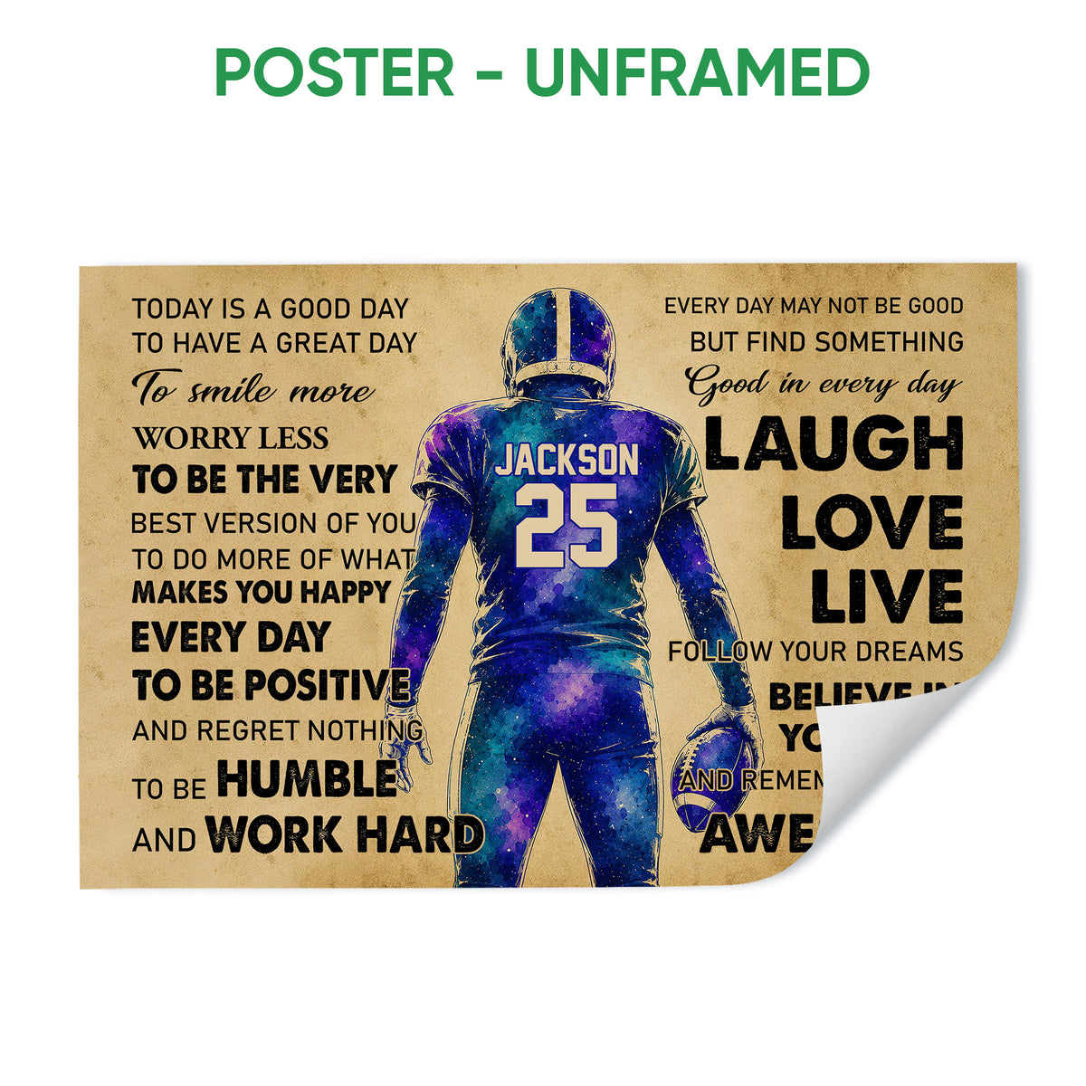 Unframed football poster featuring a colorful player illustration and motivational message
