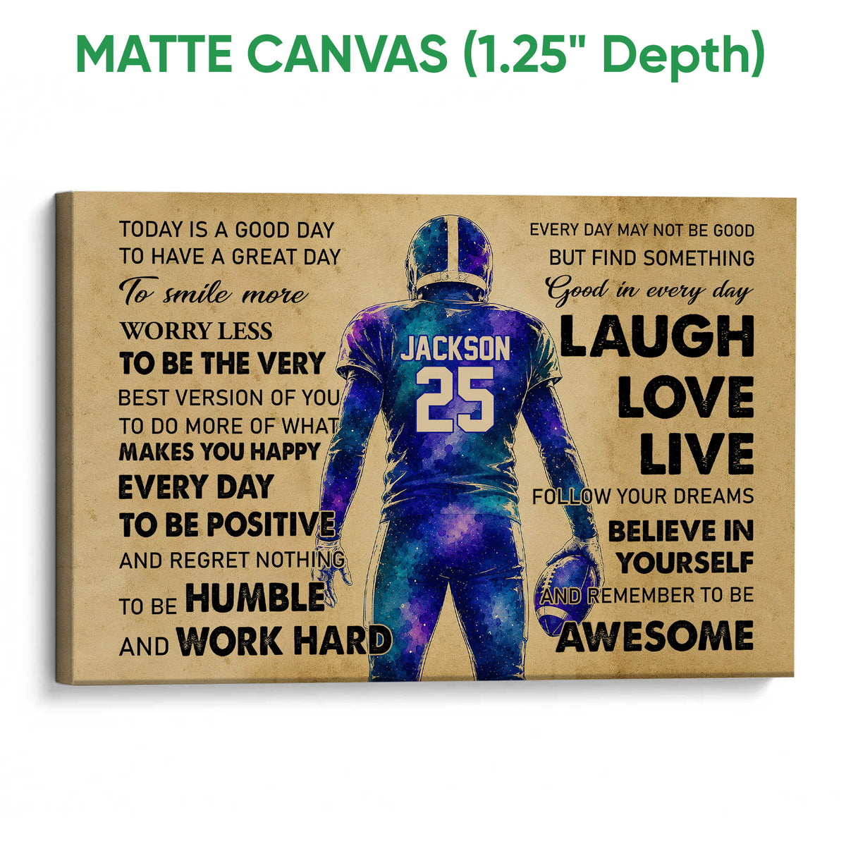 Matte canvas football wall art with a colorful player illustration and motivational typography