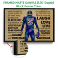 Black framed football canvas wall art with a colorful player illustration and bold message