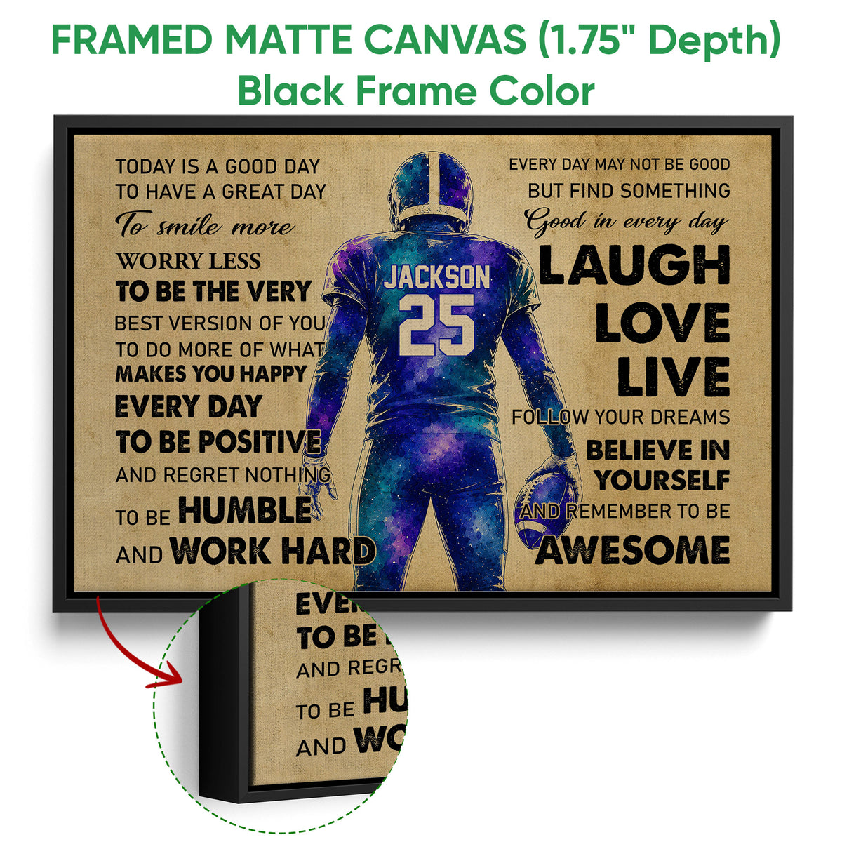 Black framed football canvas wall art with a colorful player illustration and bold message