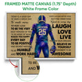 White framed football canvas wall art with a colorful player illustration and motivational design
