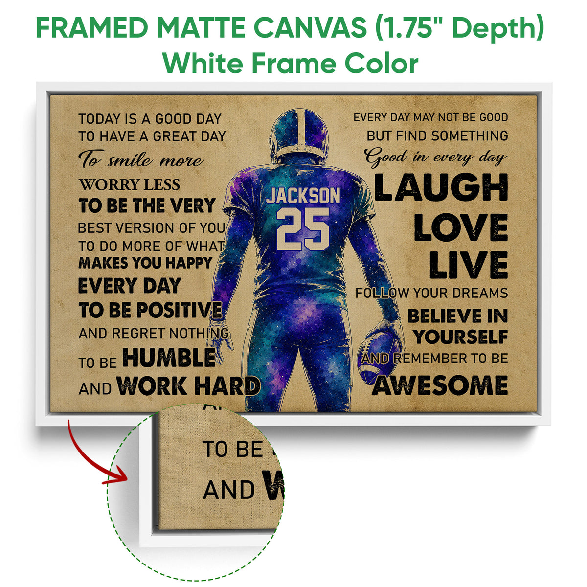 White framed football canvas wall art with a colorful player illustration and motivational design