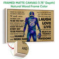 Natural wood framed football wall art with a colorful player illustration and inspirational typography