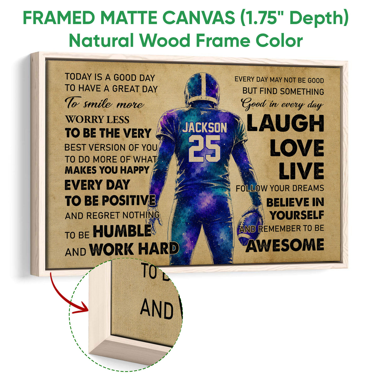 Natural wood framed football wall art with a colorful player illustration and inspirational typography