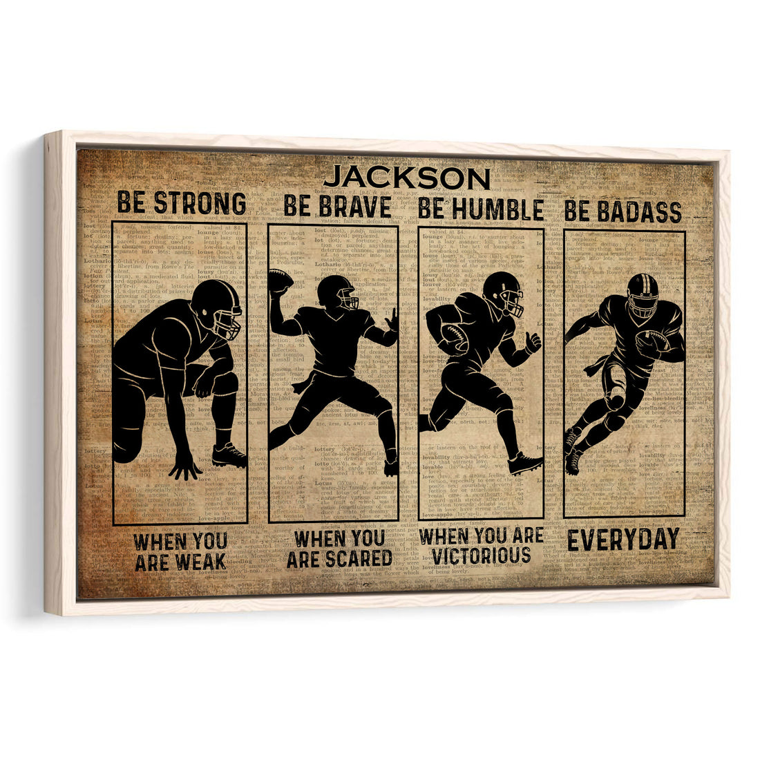 Framed football wall art with four player silhouettes, vintage dictionary background, and motivational lettering