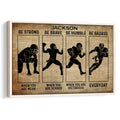 Framed football wall art with four player silhouettes, vintage dictionary background, and motivational lettering