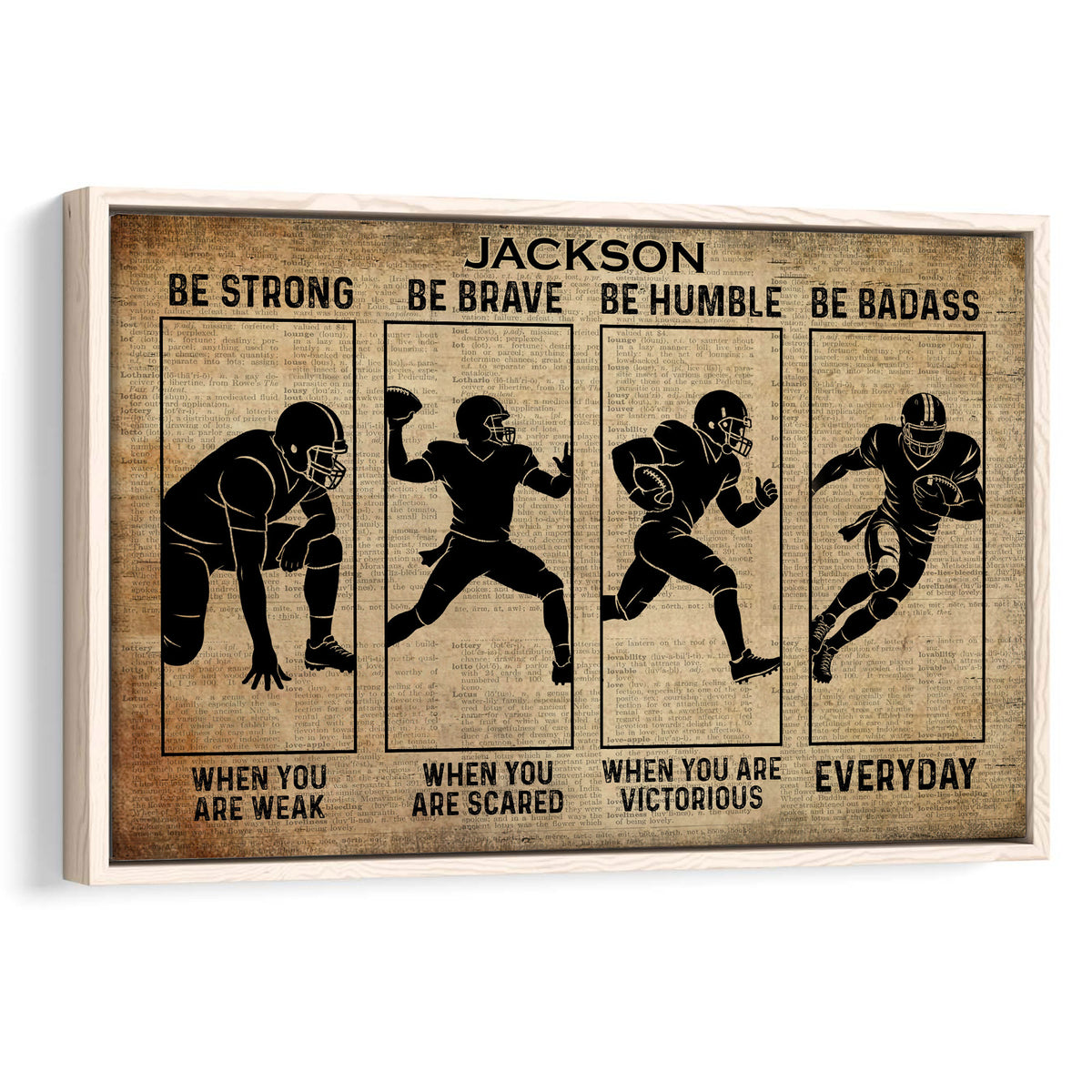 Framed football wall art with four player silhouettes, vintage dictionary background, and motivational lettering