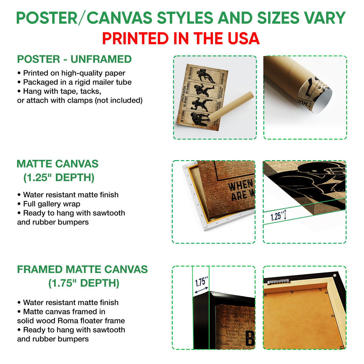 Football wall art format guide showing poster, matte canvas, and framed canvas presentation options