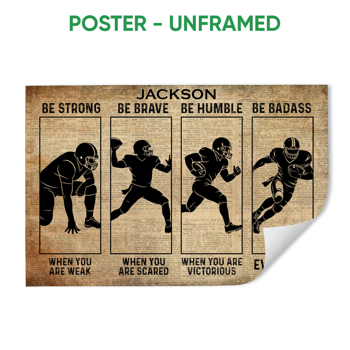 Unframed football poster featuring four player silhouettes on a vintage dictionary-style background