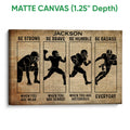 Matte canvas football wall art with four athletic player silhouettes and a distressed vintage background