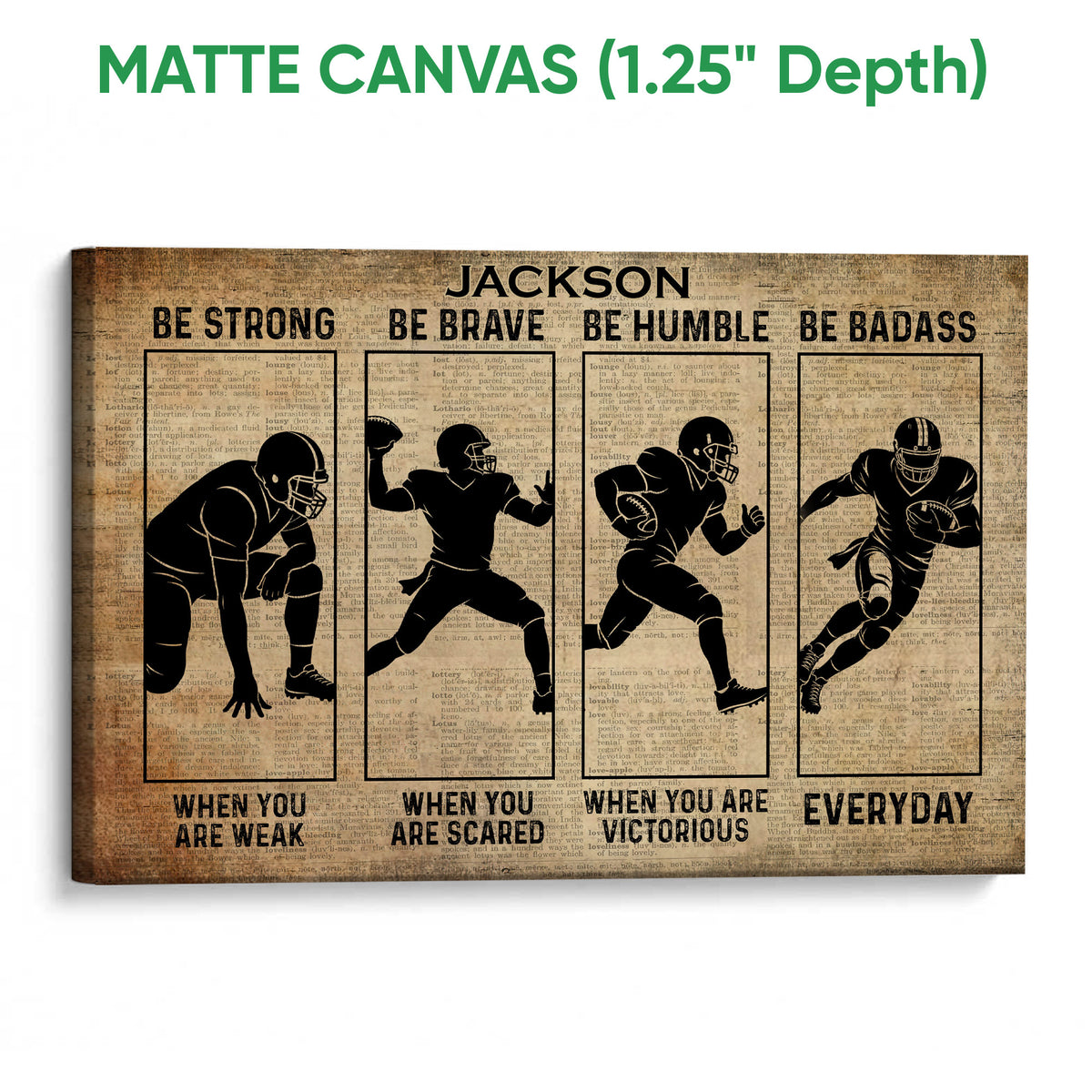 Matte canvas football wall art with four athletic player silhouettes and a distressed vintage background