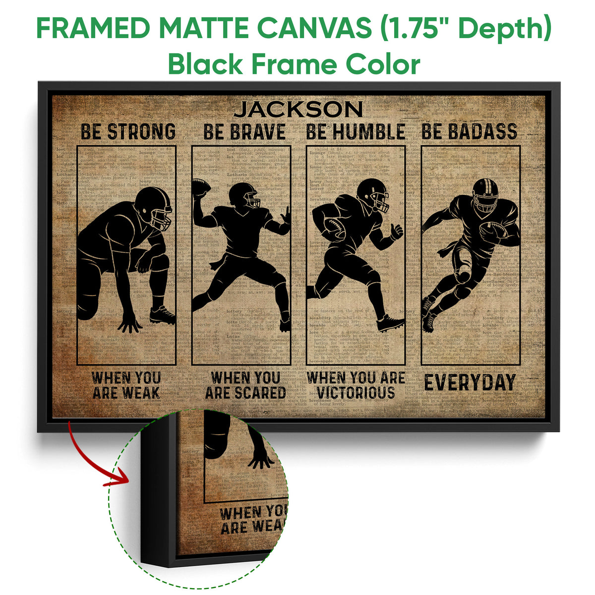 Framed football canvas wall art shown with a black frame and vintage motivational sports design