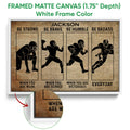 Framed football canvas wall art shown with a white frame and vintage player silhouette design