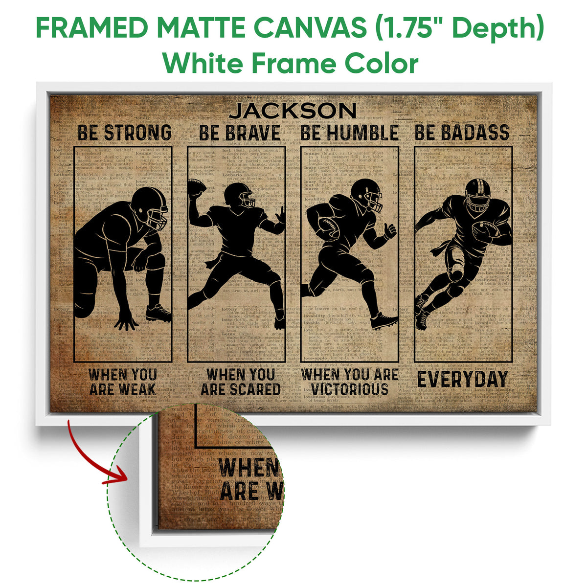 Framed football canvas wall art shown with a white frame and vintage player silhouette design