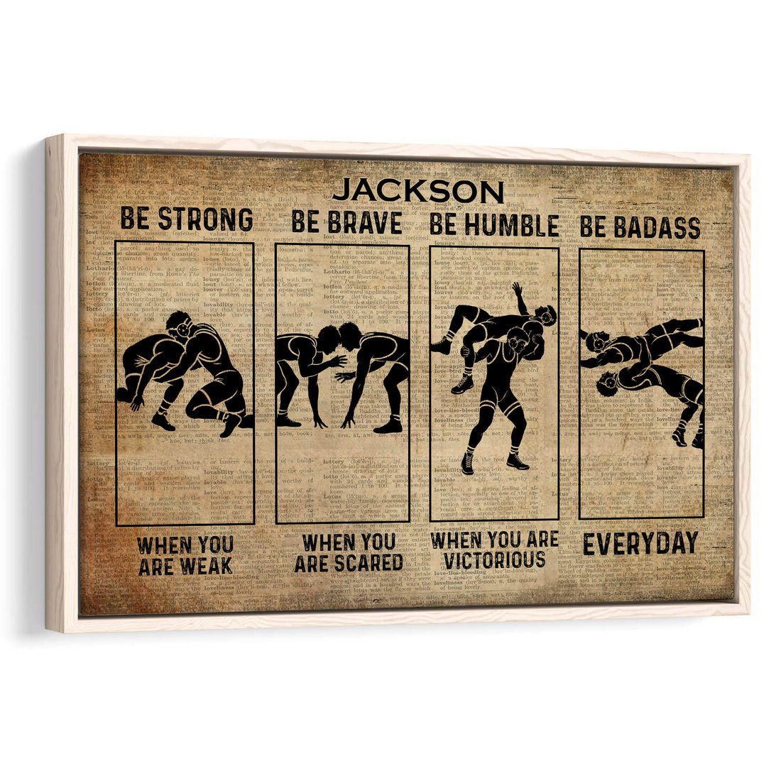 Framed wrestling wall art with black silhouette wrestlers and motivational typography on a vintage dictionary background