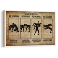 Framed wrestling wall art with black silhouette wrestlers and motivational typography on a vintage dictionary background