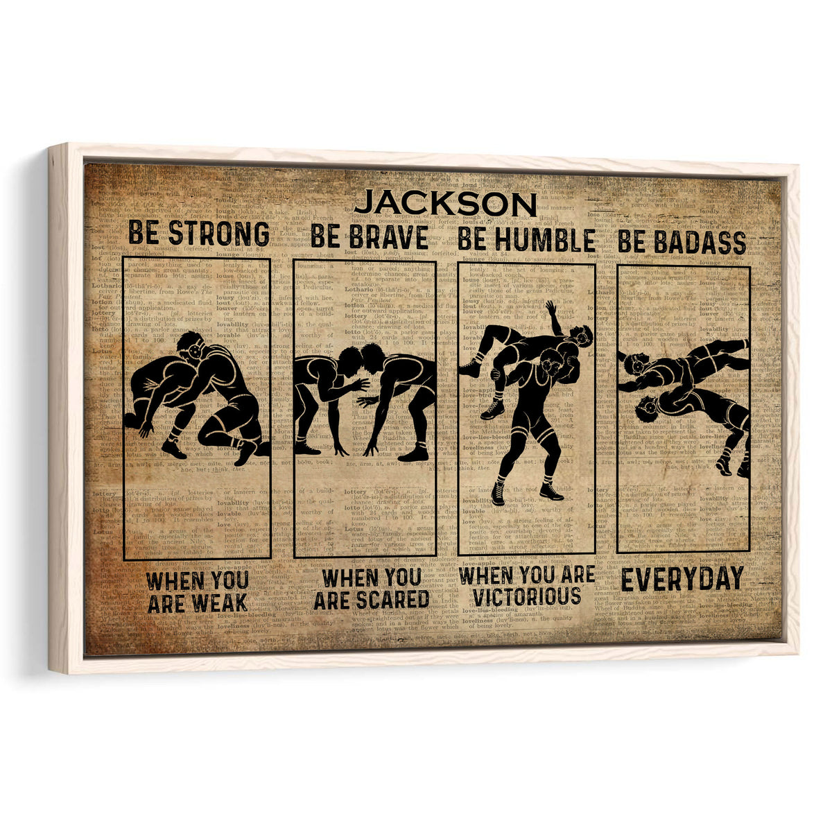 Framed wrestling wall art with black silhouette wrestlers and motivational typography on a vintage dictionary background