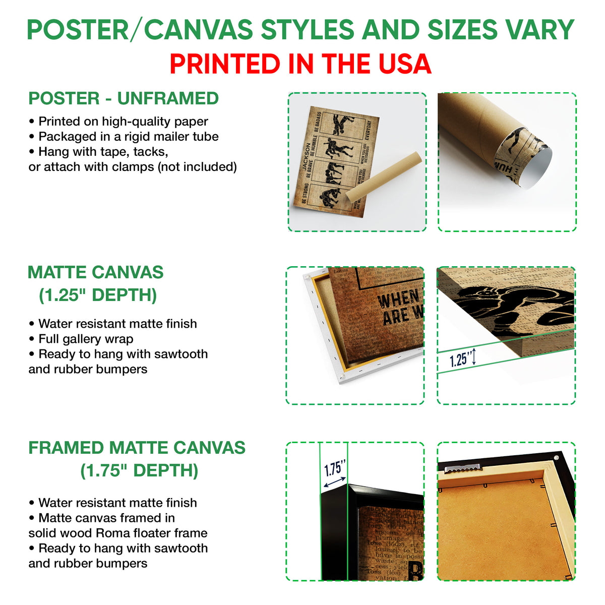 Wrestling wall art format guide showing unframed poster, matte canvas, and framed canvas presentation options