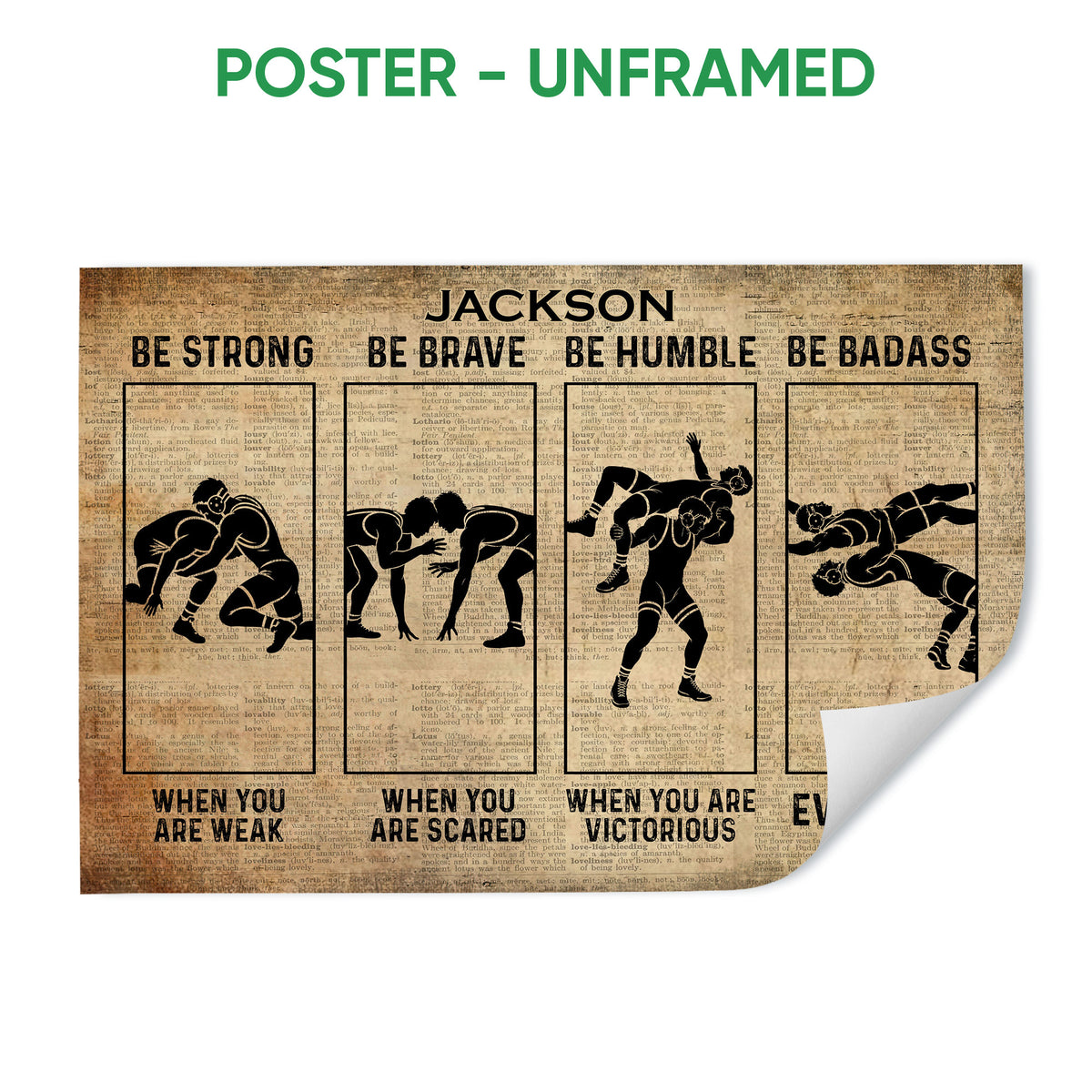 Unframed wrestling poster featuring four black silhouette wrestling scenes and motivational typography