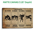 Matte canvas wrestling wall art with vintage text background and black silhouette wrestlers