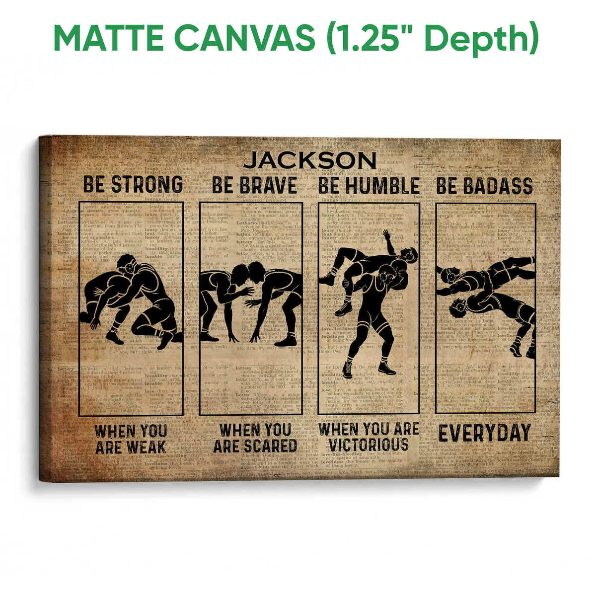Matte canvas wrestling wall art with vintage text background and black silhouette wrestlers