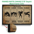 Framed wrestling canvas wall art shown with a black frame and close-up of the frame depth