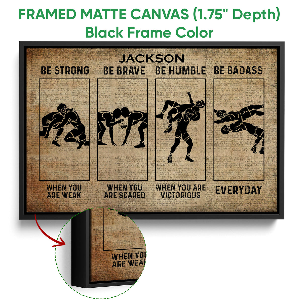Framed wrestling canvas wall art shown with a black frame and close-up of the frame depth