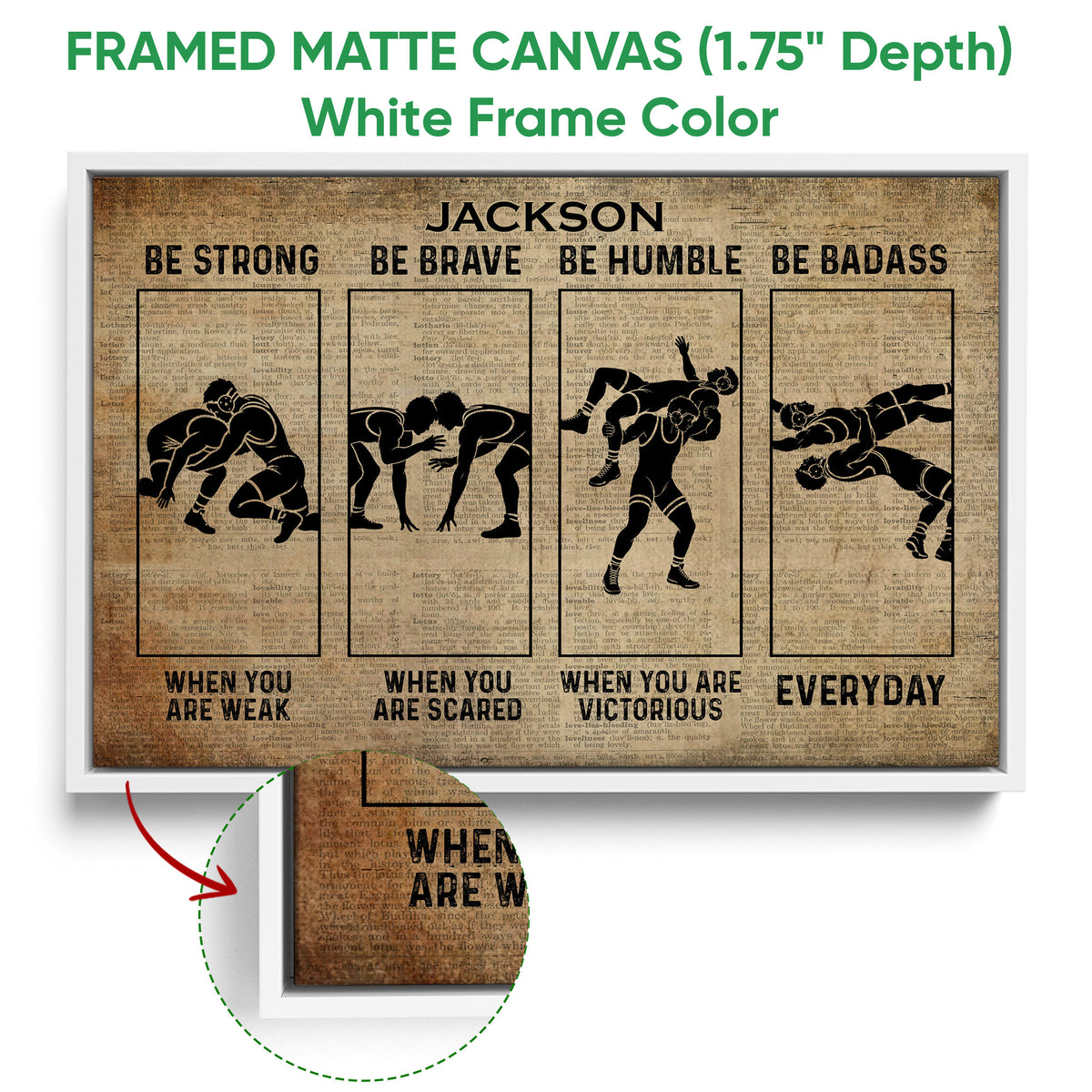 Framed wrestling canvas wall art shown with a white frame and close-up detail